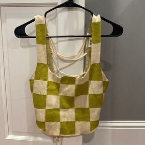 Green & white crochet-like top